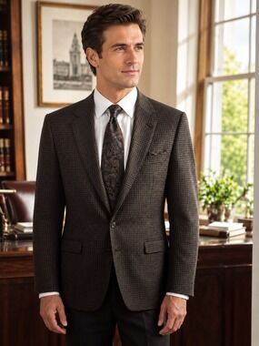 Ermenegildo Zegna Mens Trofeo Silk Brown Houndstooth Blazer Size 54L Made In Swi